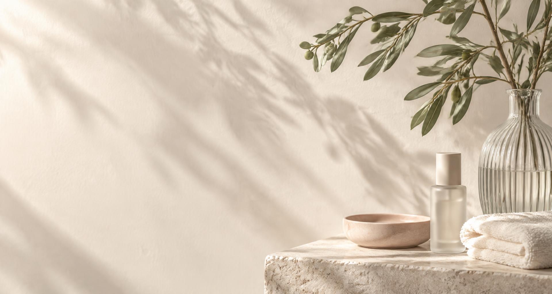 Skincare essentials, soft linen and olive leaves in morning light
